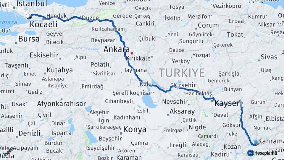 Kahramanmaraş Gebze Kocaeli Arası Kaç Km - Yol Haritası
