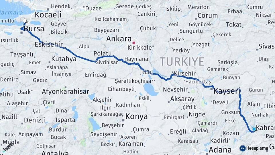Kahramanmaraş Gemlik Bursa Arası Kaç Km - Yol Haritası