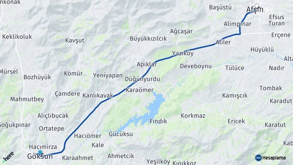 Kahramanmaraş Göksun Afşin Arası Kaç Km - Yol Haritası