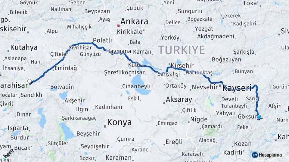 Kahramanmaraş Göksun Afyonkarahisar Arası Kaç Km - Yol Haritası