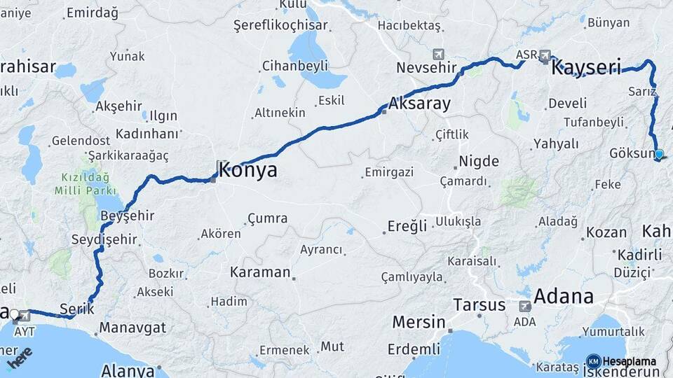 Kahramanmaraş Göksun Antalya Arası Kaç Km - Yol Haritası