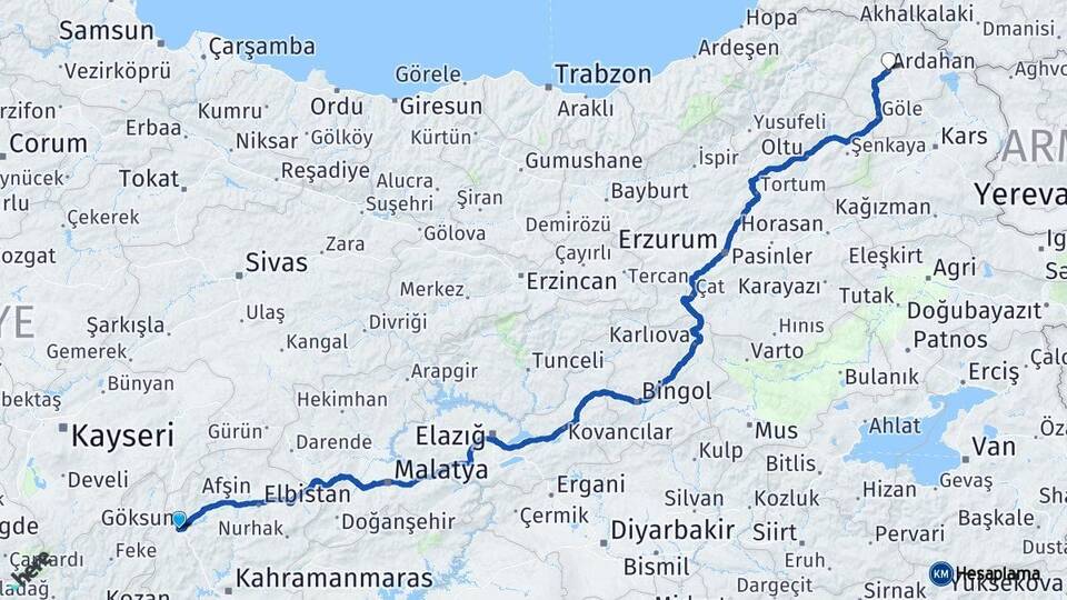 Kahramanmaraş Göksun Ardahan Arası Kaç Km - Yol Haritası