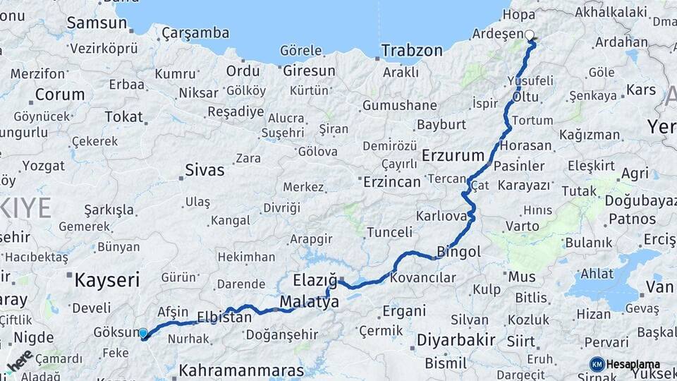 Kahramanmaraş Göksun Artvin Arası Kaç Km - Yol Haritası