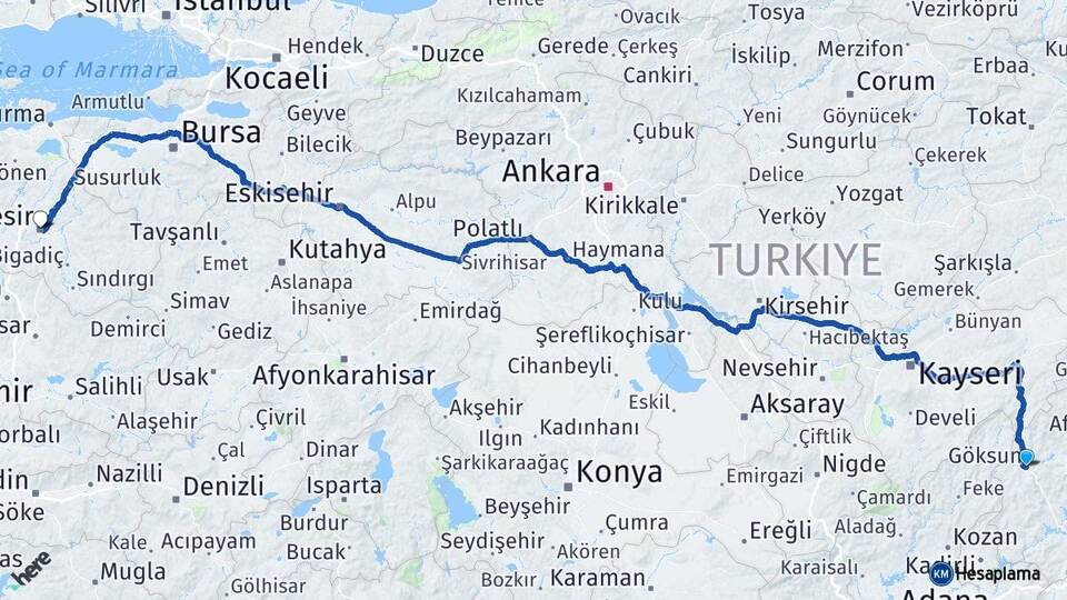 Kahramanmaraş Göksun Balıkesir Arası Kaç Km - Yol Haritası