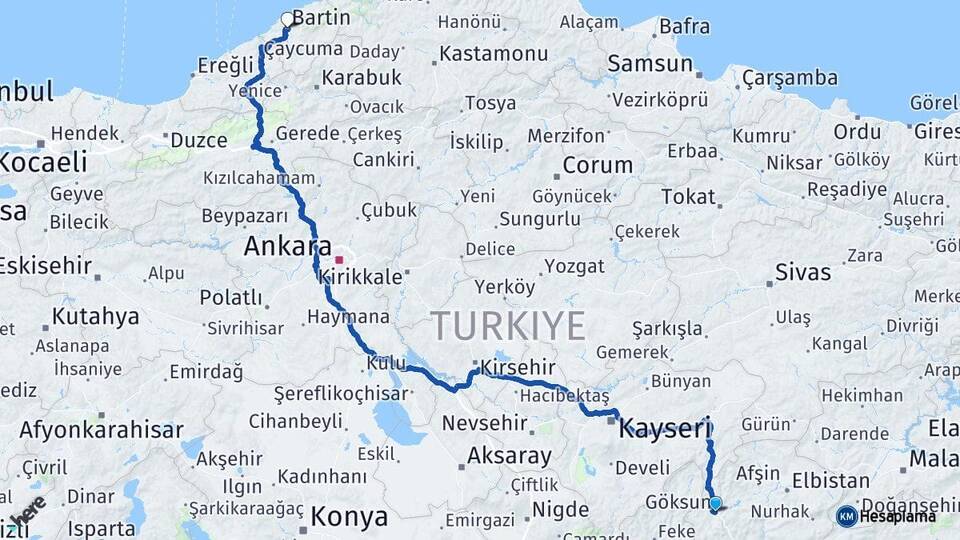 Kahramanmaraş Göksun Bartın Arası Kaç Km - Yol Haritası