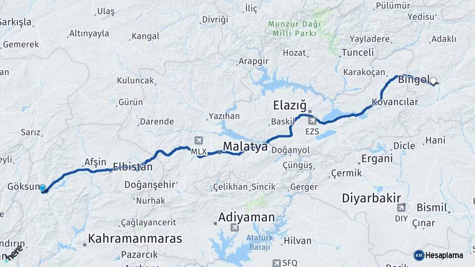 Kahramanmaraş Göksun Bingöl Arası Kaç Km - Yol Haritası