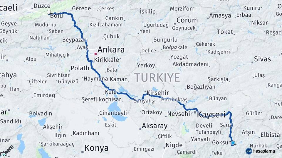 Kahramanmaraş Göksun Bolu Arası Kaç Km - Yol Haritası