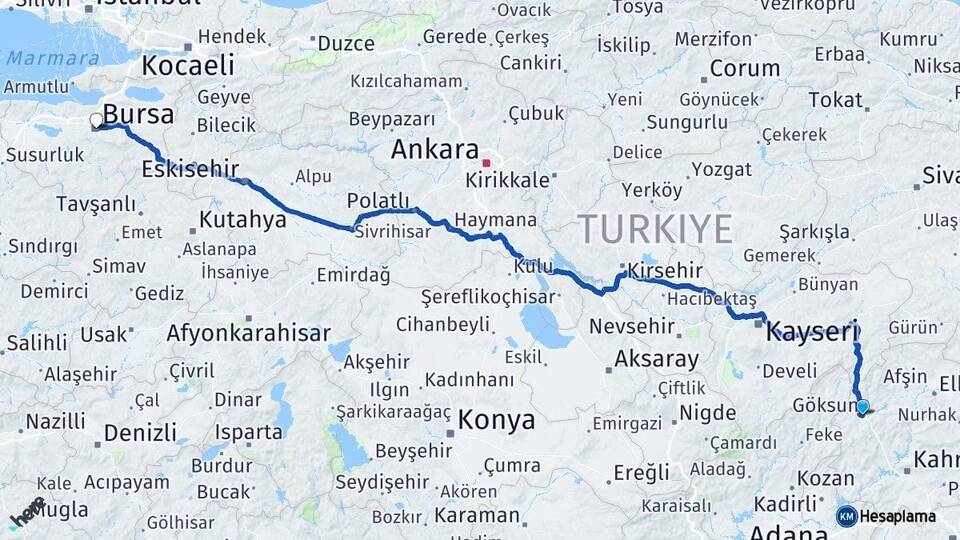 Kahramanmaraş Göksun Bursa Arası Kaç Km - Yol Haritası