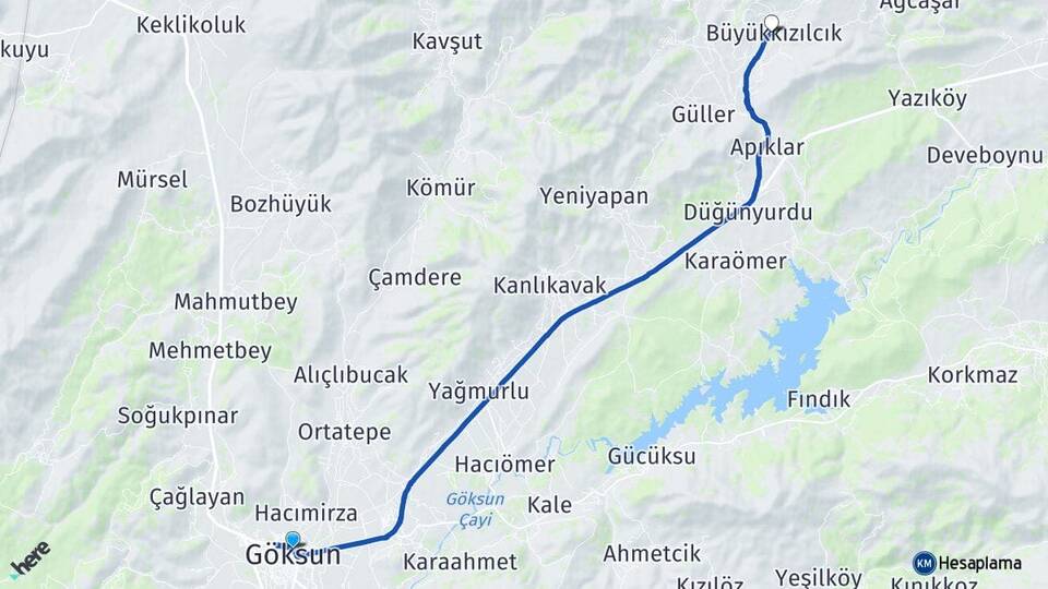 Kahramanmaraş Göksun Büyükkızılcık Göksun Arası Kaç Km - Yol Haritası