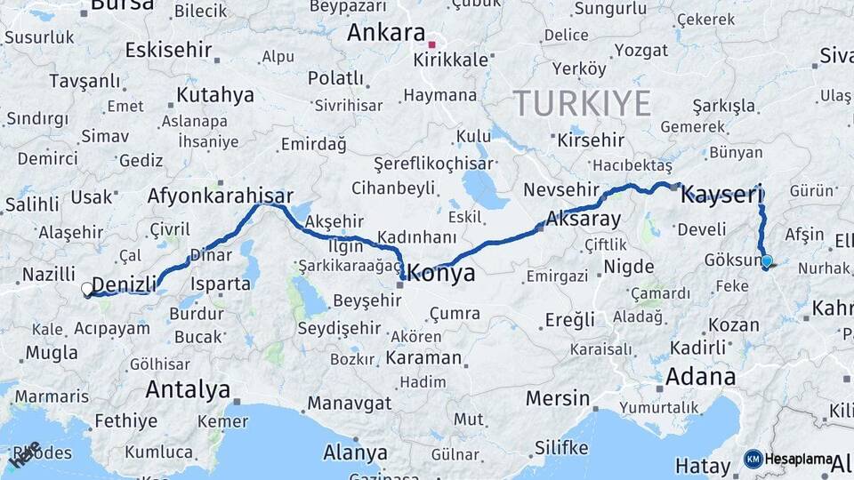 Kahramanmaraş Göksun Denizli Arası Kaç Km - Yol Haritası