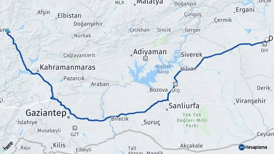 Kahramanmaraş Göksun Diyarbakır Arası Kaç Km - Yol Haritası