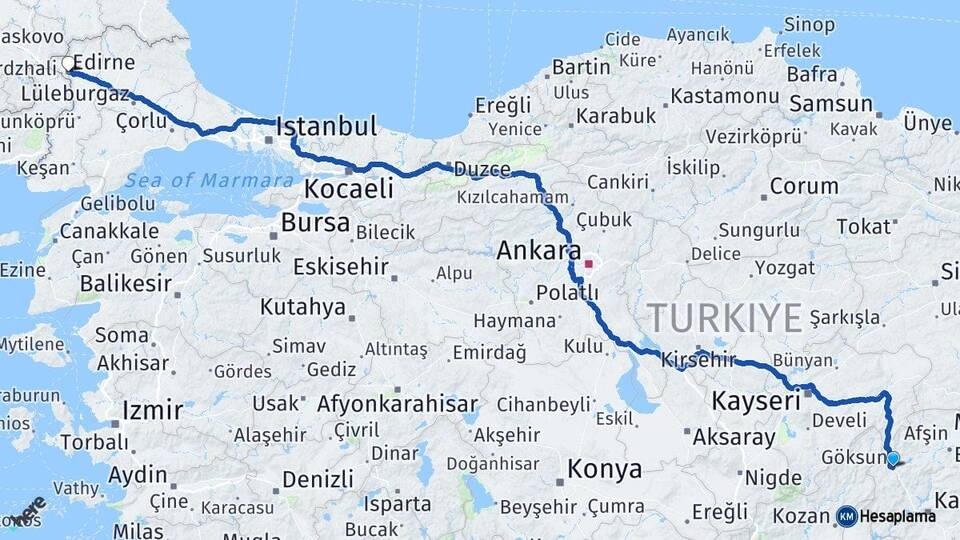 Kahramanmaraş Göksun Edirne Arası Kaç Km - Yol Haritası