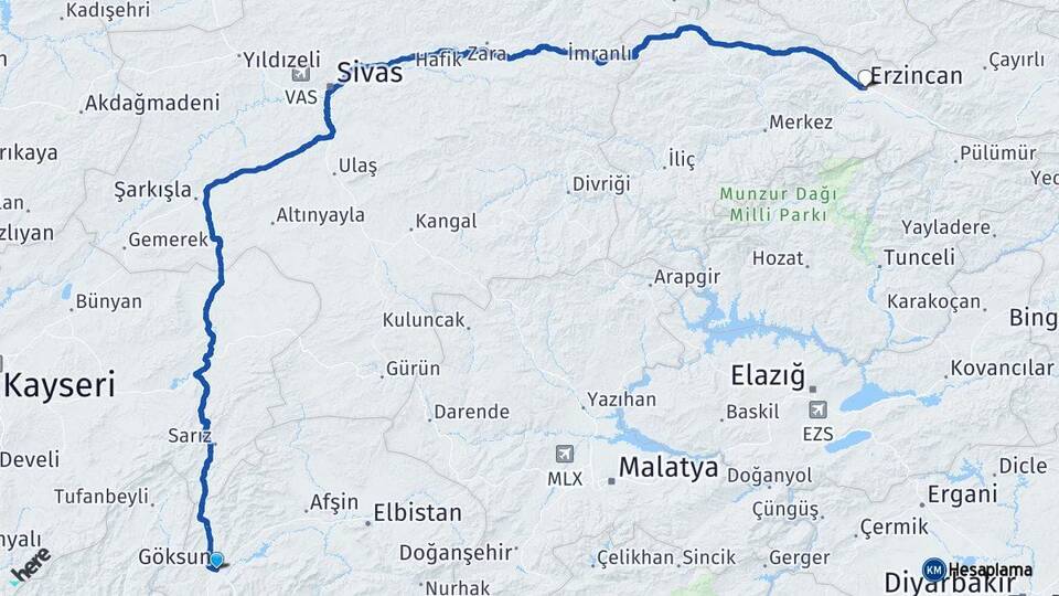 Kahramanmaraş Göksun Erzincan Arası Kaç Km - Yol Haritası