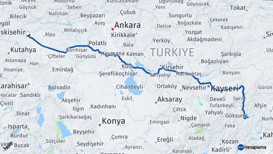 Kahramanmaraş Göksun Eskişehir Arası Kaç Km - Yol Haritası