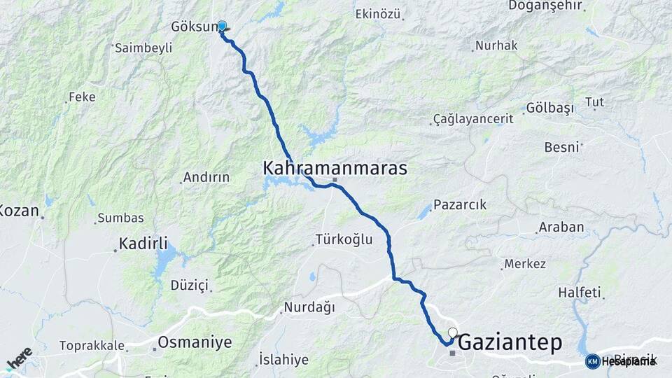 Kahramanmaraş Göksun Gaziantep Arası Kaç Km - Yol Haritası