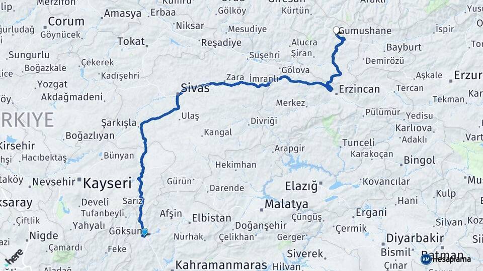 Kahramanmaraş Göksun Gümüşhane Arası Kaç Km - Yol Haritası