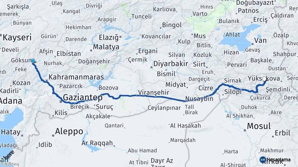 Kahramanmaraş Göksun Hakkari Arası Kaç Km - Yol Haritası