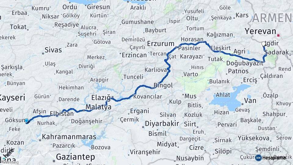 Kahramanmaraş Göksun Iğdır Arası Kaç Km - Yol Haritası
