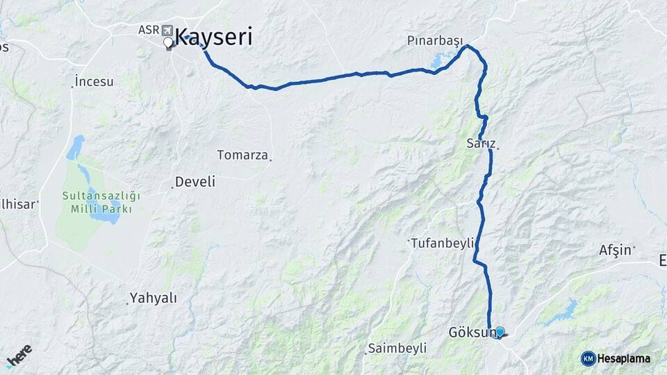 Kahramanmaraş Göksun Kayseri Arası Kaç Km - Yol Haritası