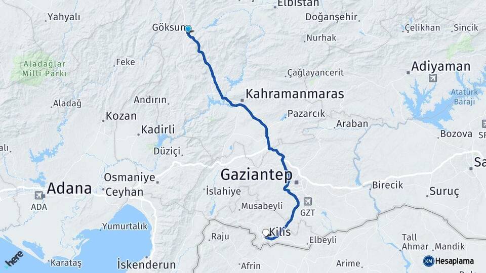 Kahramanmaraş Göksun Kilis Arası Kaç Km - Yol Haritası
