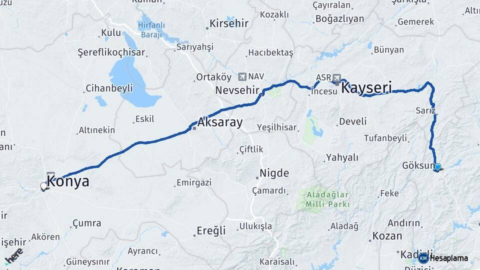 Kahramanmaraş Göksun Konya Arası Kaç Km - Yol Haritası