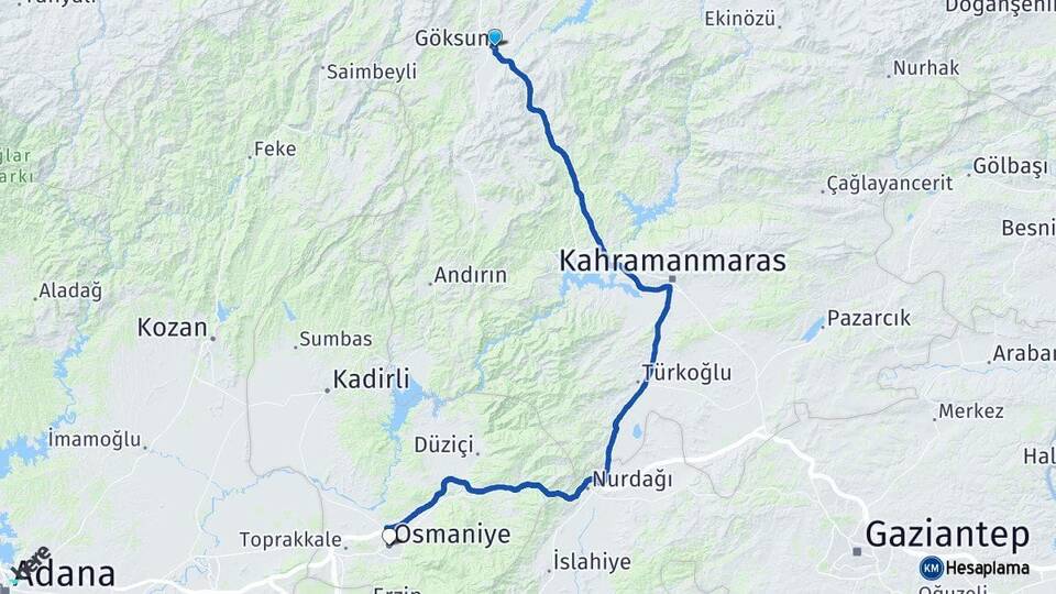 Kahramanmaraş Göksun Osmaniye Arası Kaç Km - Yol Haritası