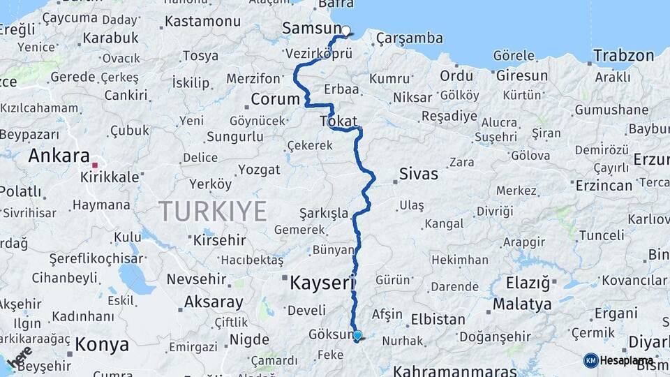 Kahramanmaraş Göksun Samsun Arası Kaç Km - Yol Haritası