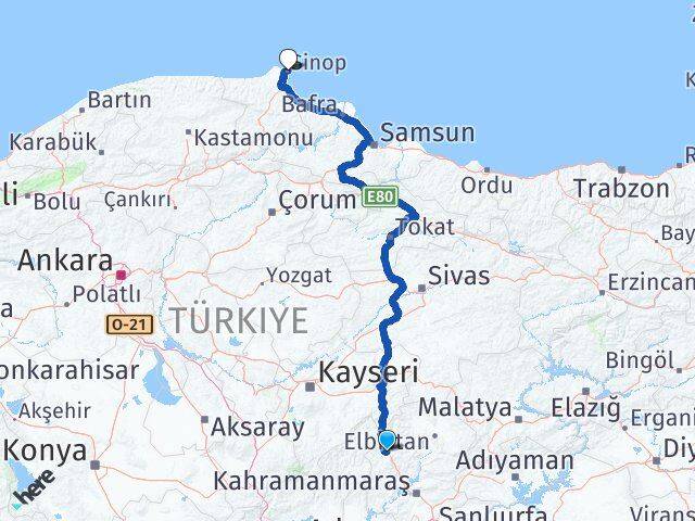 Kahramanmaraş Göksun Sinop Arası Kaç Km - Yol Haritası