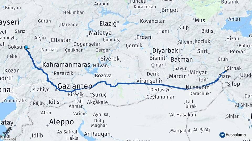 Kahramanmaraş Göksun Şırnak Arası Kaç Km - Yol Haritası