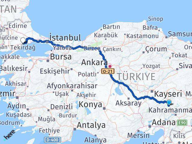 Kahramanmaraş Göksun Tekirdağ Arası Kaç Km - Yol Haritası