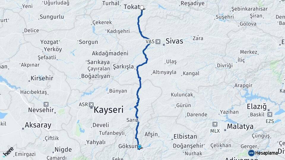 Kahramanmaraş Göksun Tokat Arası Kaç Km - Yol Haritası
