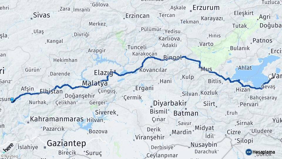 Kahramanmaraş Göksun Van Arası Kaç Km - Yol Haritası