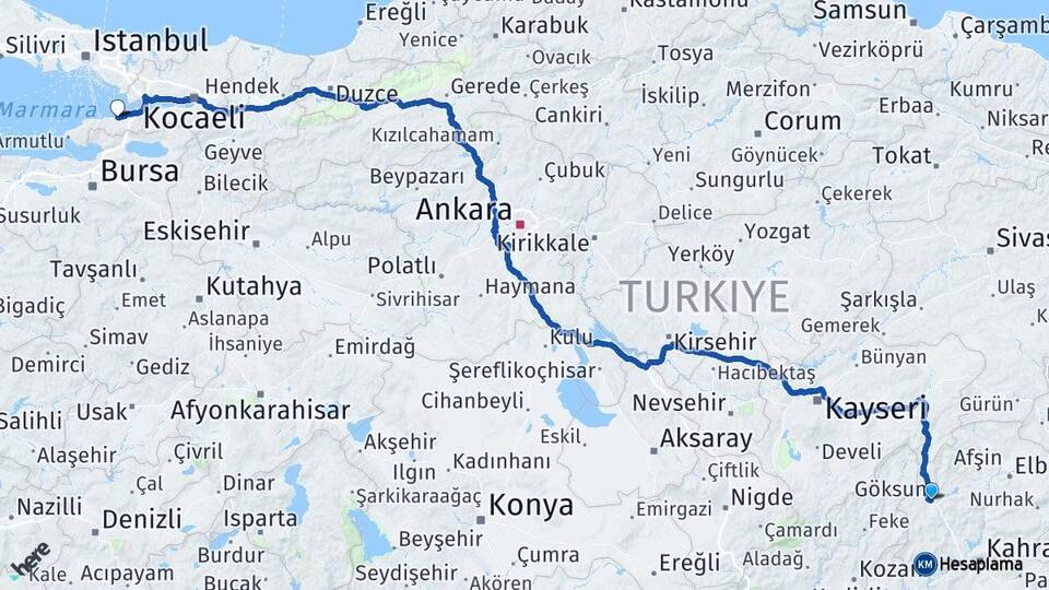 Kahramanmaraş Göksun Yalova Arası Kaç Km - Yol Haritası