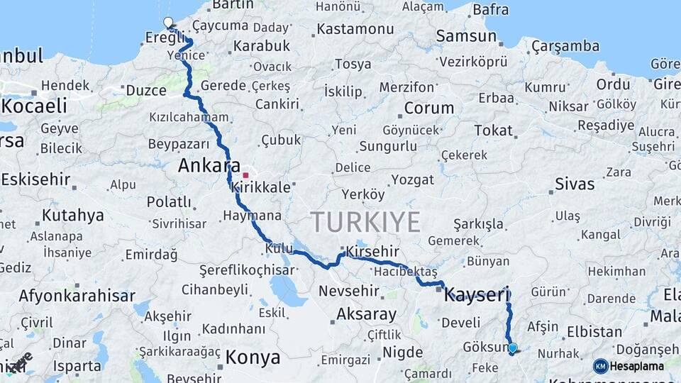 Kahramanmaraş Göksun Zonguldak Arası Kaç Km - Yol Haritası
