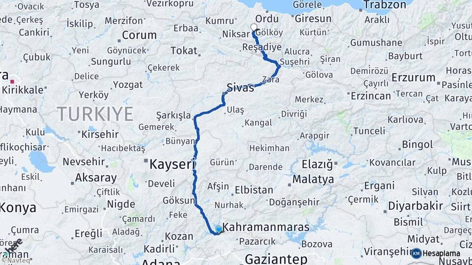 Kahramanmaraş Gölköy Ordu Arası Kaç Km - Yol Haritası