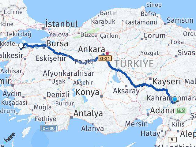 Kahramanmaraş Gönen Balıkesir Arası Kaç Km - Yol Haritası
