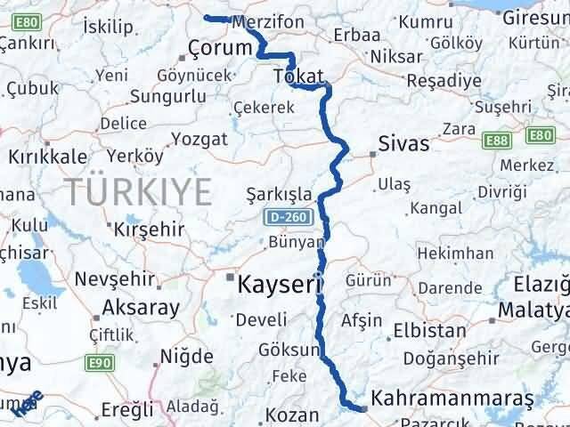 Kahramanmaraş Gümüşhacıköy Amasya Arası Kaç Km - Yol Haritası
