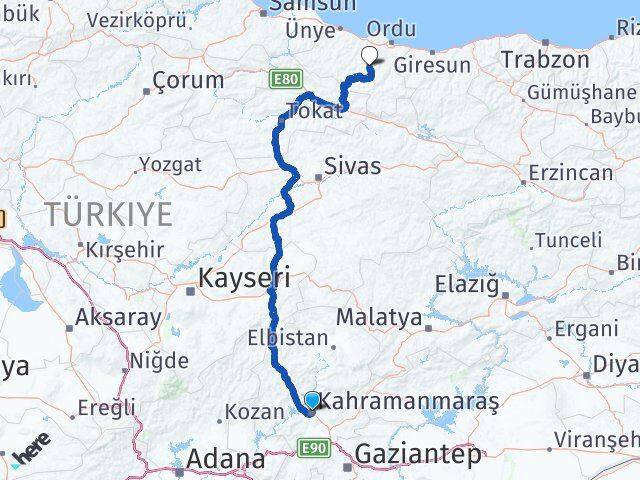 Kahramanmaraş Gürgentepe Ordu Arası Kaç Km - Yol Haritası
