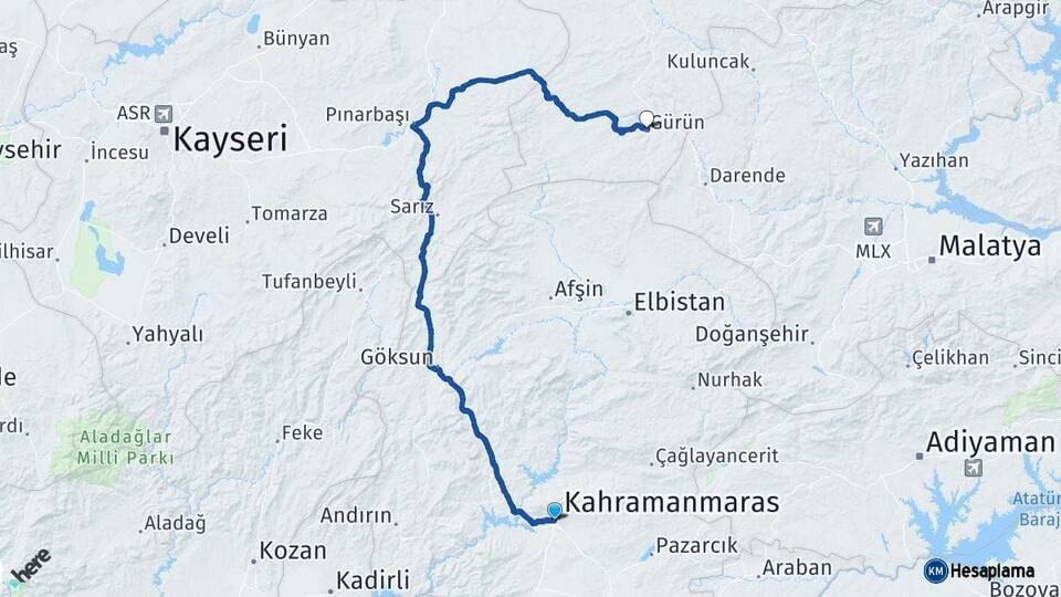 Kahramanmaraş Gürün Sivas Arası Kaç Km - Yol Haritası