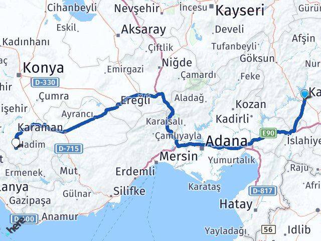 Kahramanmaraş Hadim Konya Arası Kaç Km - Yol Haritası