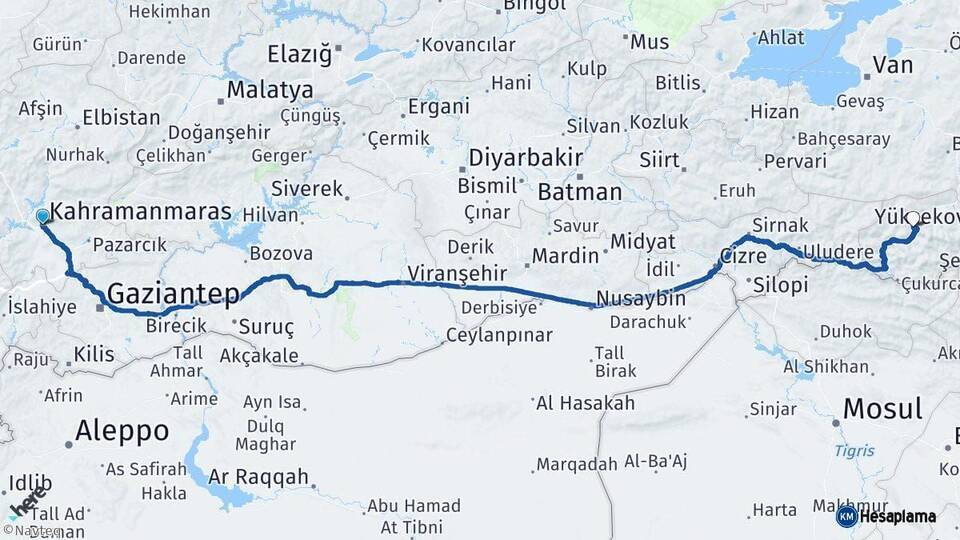 Kahramanmaraş Hakkari Arası Kaç Km - Yol Haritası