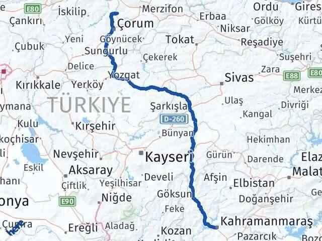Kahramanmaraş Hamamözü Amasya Arası Kaç Km - Yol Haritası
