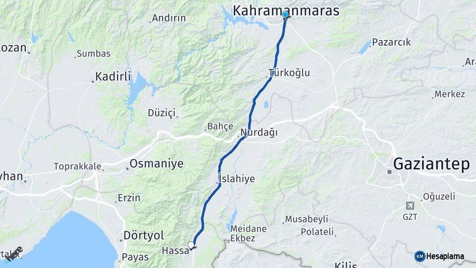 Kahramanmaraş Hassa Hatay Arası Kaç Km - Yol Haritası
