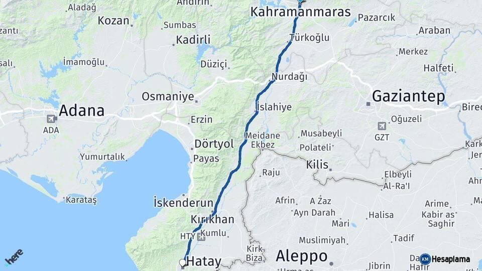 Kahramanmaraş Hatay Arası Kaç Km - Yol Haritası