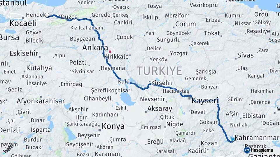 Kahramanmaraş Hendek Sakarya Arası Kaç Km - Yol Haritası