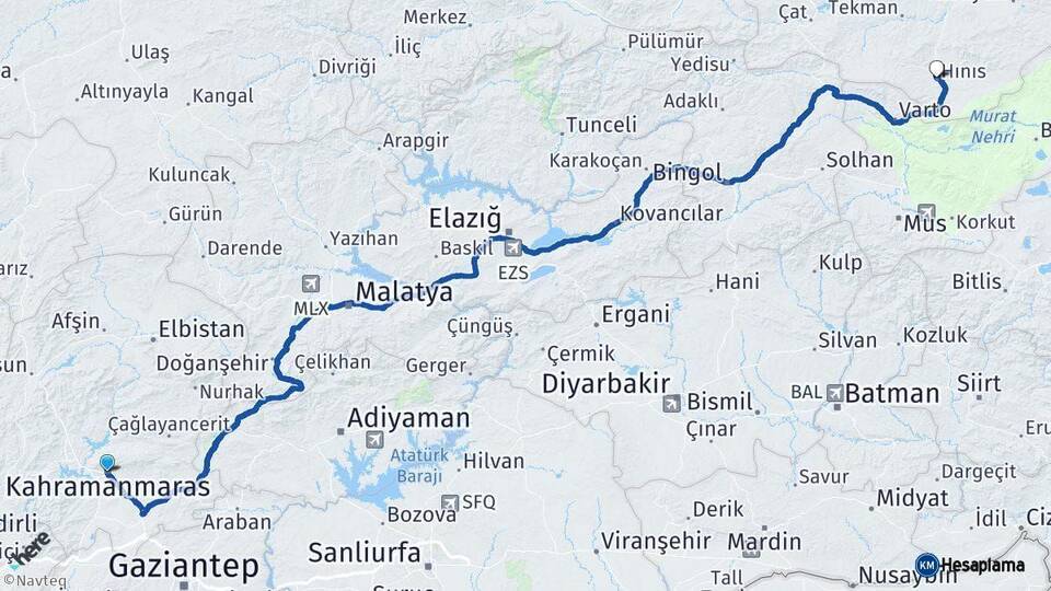 Kahramanmaraş Hınıs Erzurum Arası Kaç Km - Yol Haritası