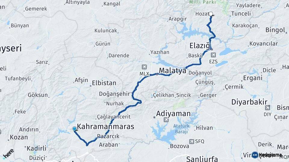 Kahramanmaraş Hozat Tunceli Arası Kaç Km - Yol Haritası
