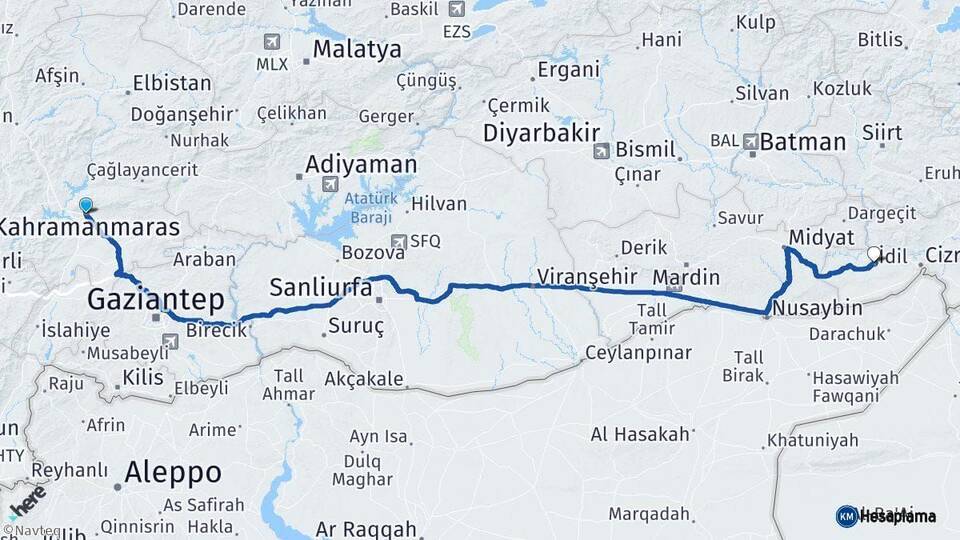 Kahramanmaraş İdil Şırnak Arası Kaç Km - Yol Haritası