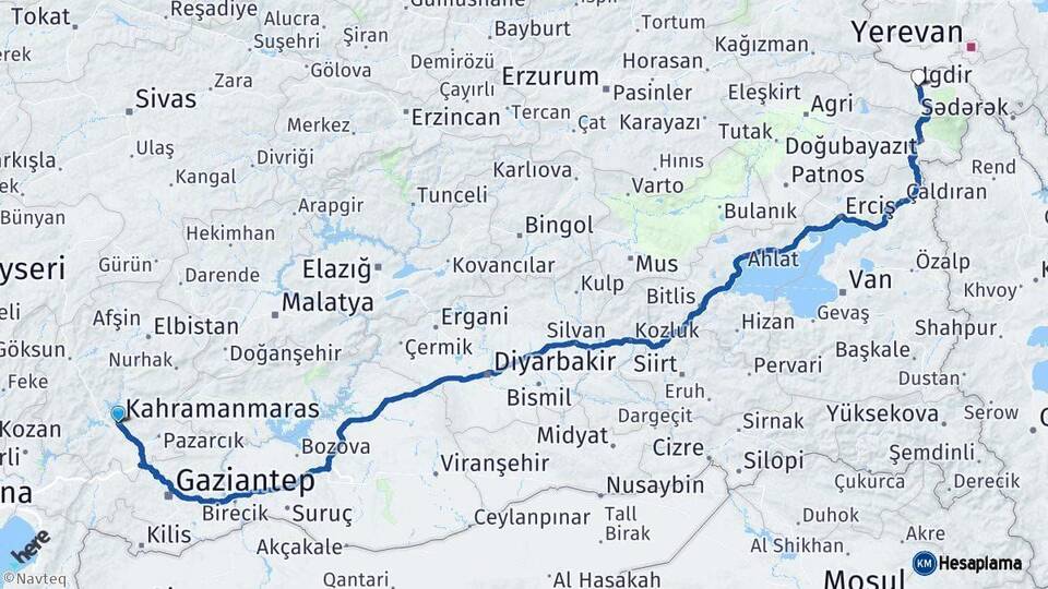 Kahramanmaraş Iğdır Arası Kaç Km - Yol Haritası