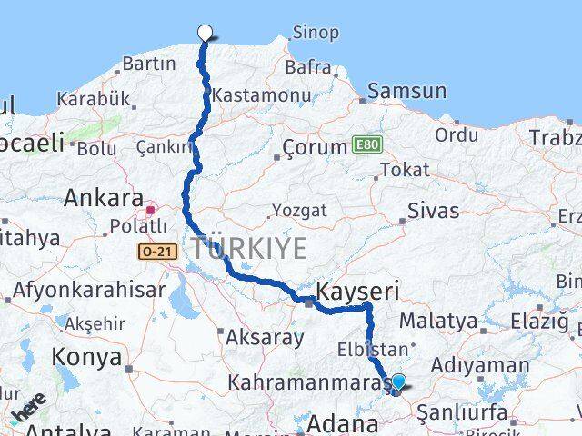 Kahramanmaraş İnebolu Kastamonu Arası Kaç Km - Yol Haritası